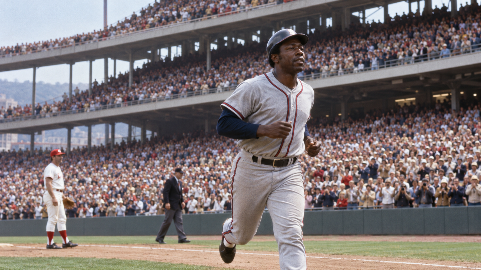 Photorealistic historical reconstruction of Hank Aaron rounding the bases after career home run 714 in 1974.