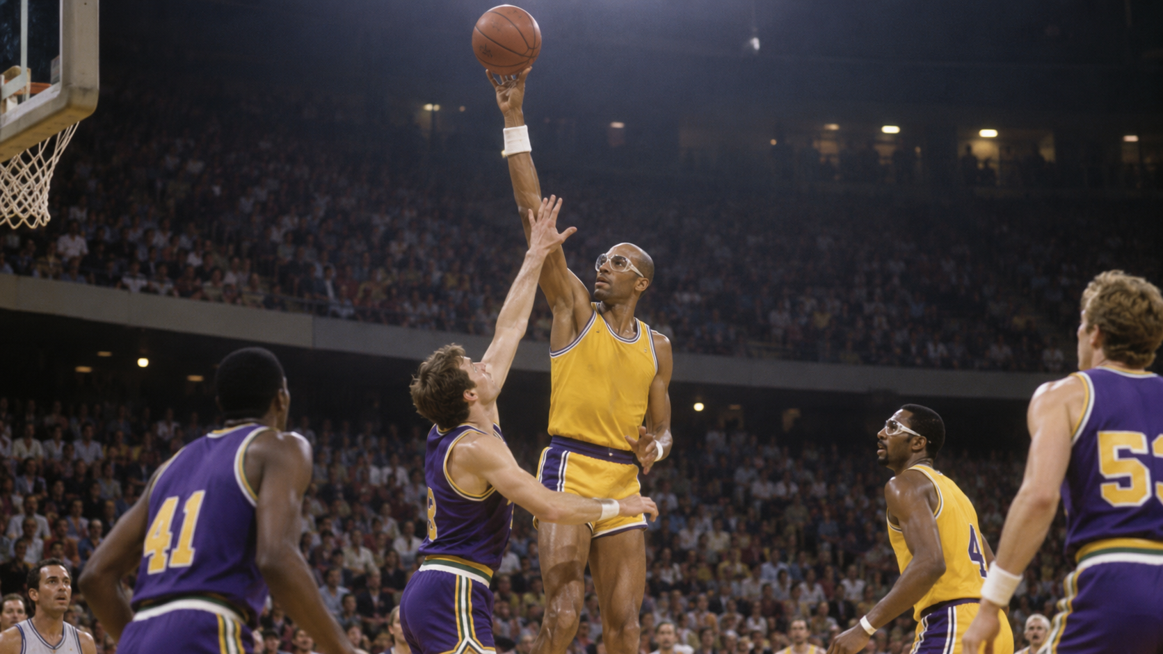 Photorealistic historical reconstruction of Kareem Abdul-Jabbar scoring with a skyhook in 1984.
