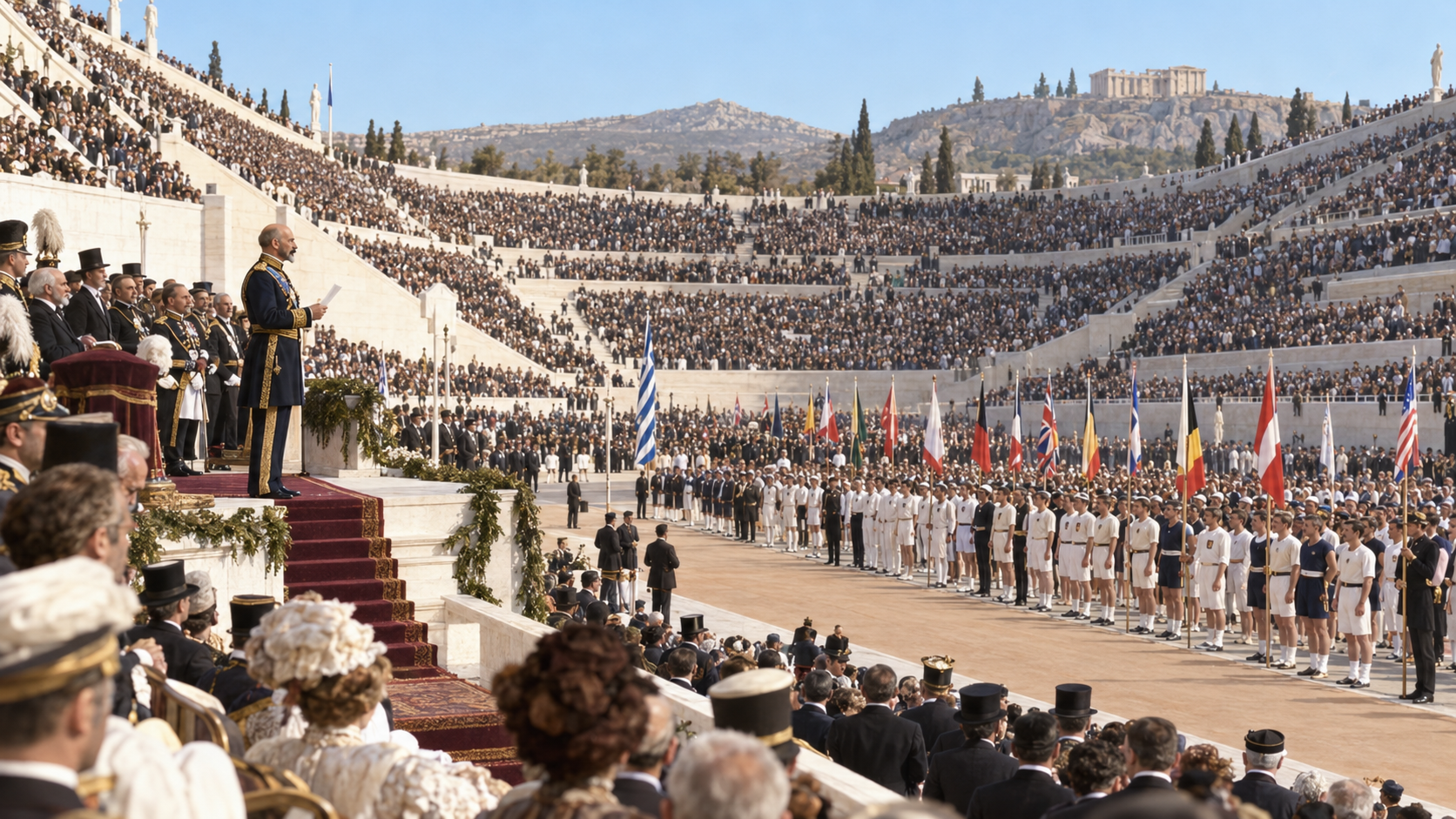 Photorealistic historical reconstruction of the first modern Olympic Games opening in Athens in 1896.