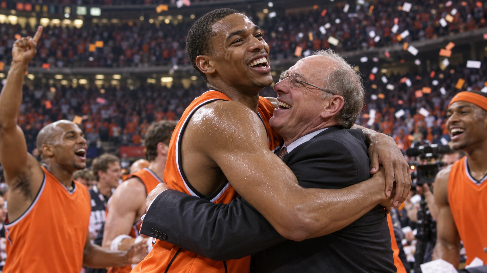 Photorealistic historical reconstruction of Syracuse celebrating its first NCAA basketball title in 2003.