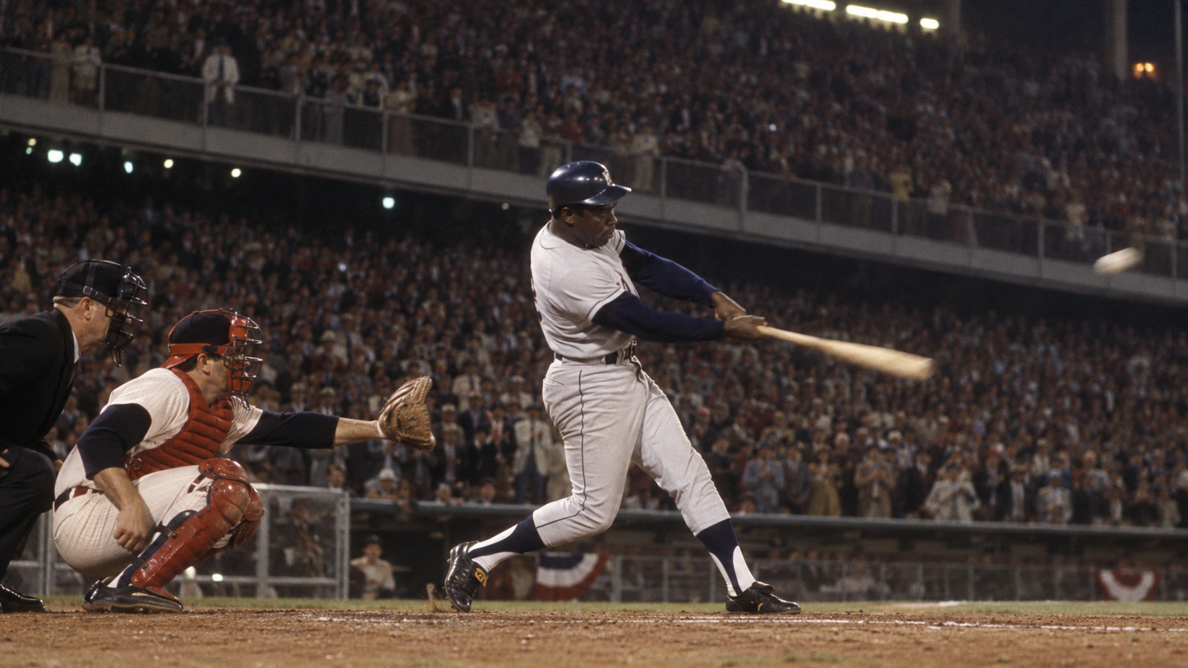 Photorealistic historical reconstruction of Hank Aaron hitting career home run 715 in Atlanta in 1974.