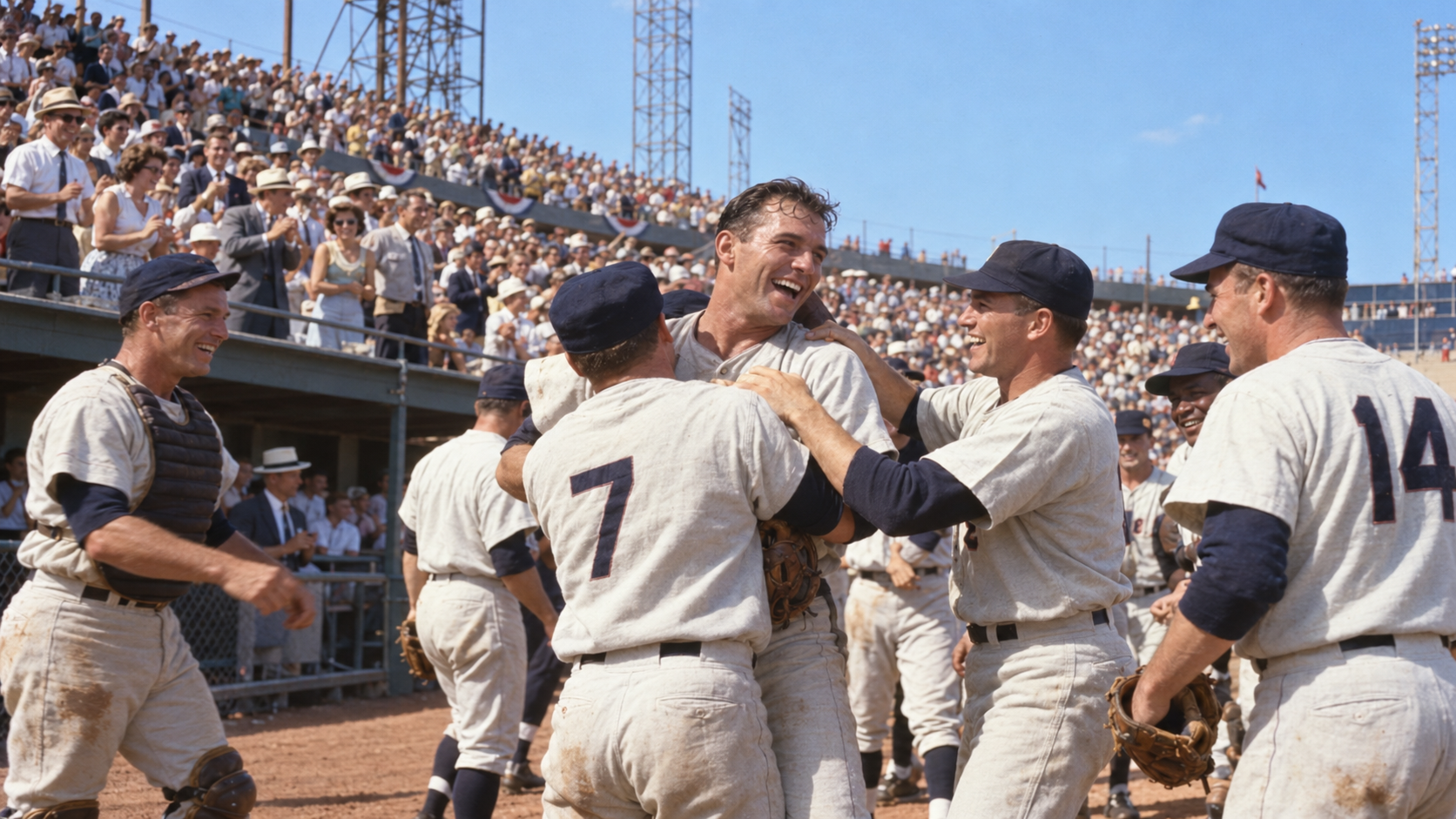 Photorealistic historical reconstruction of Houston players celebrating the Colt .45s first game in 1962.