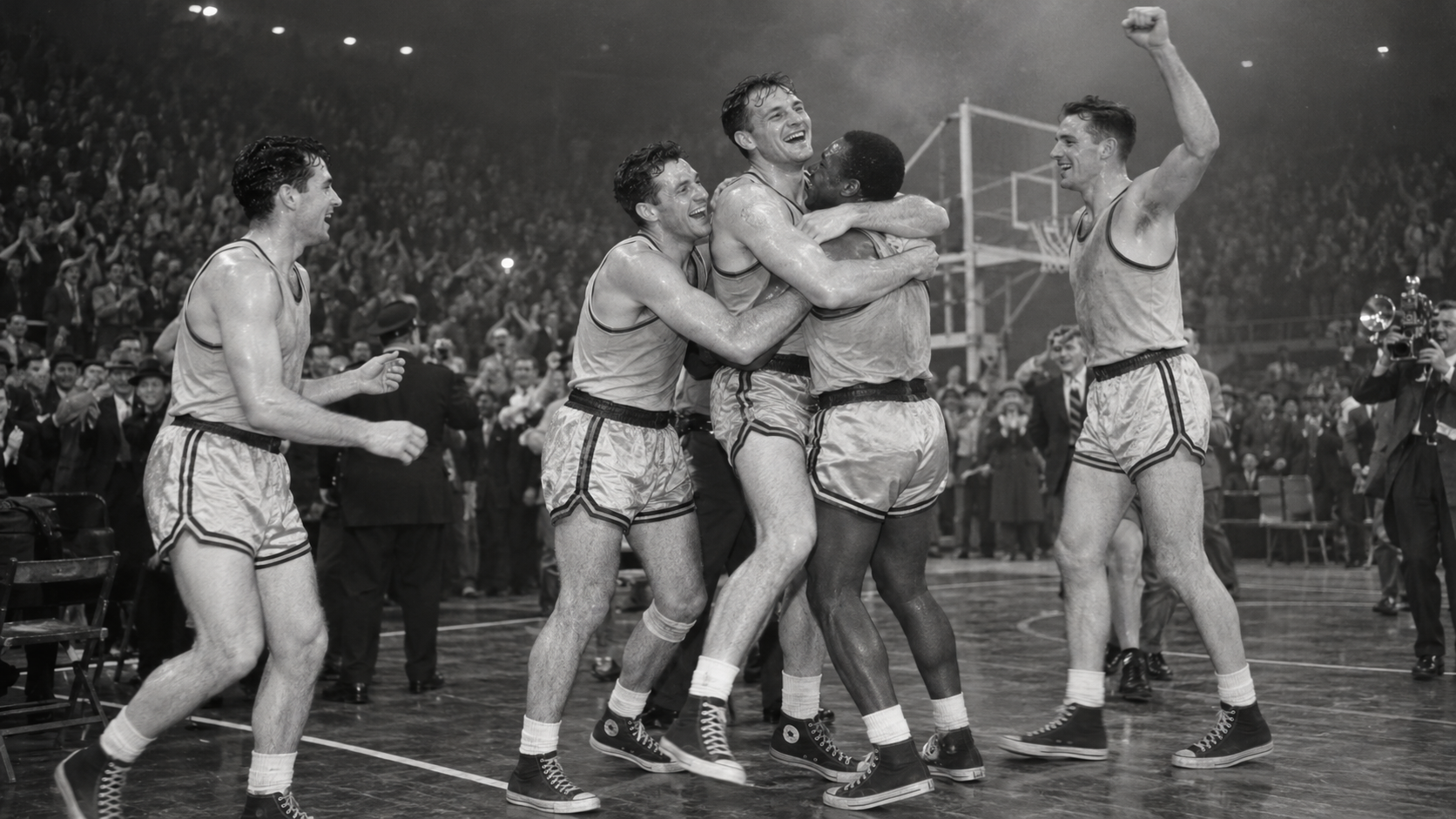 Photorealistic historical reconstruction of the Minneapolis Lakers celebrating the 1954 NBA championship.