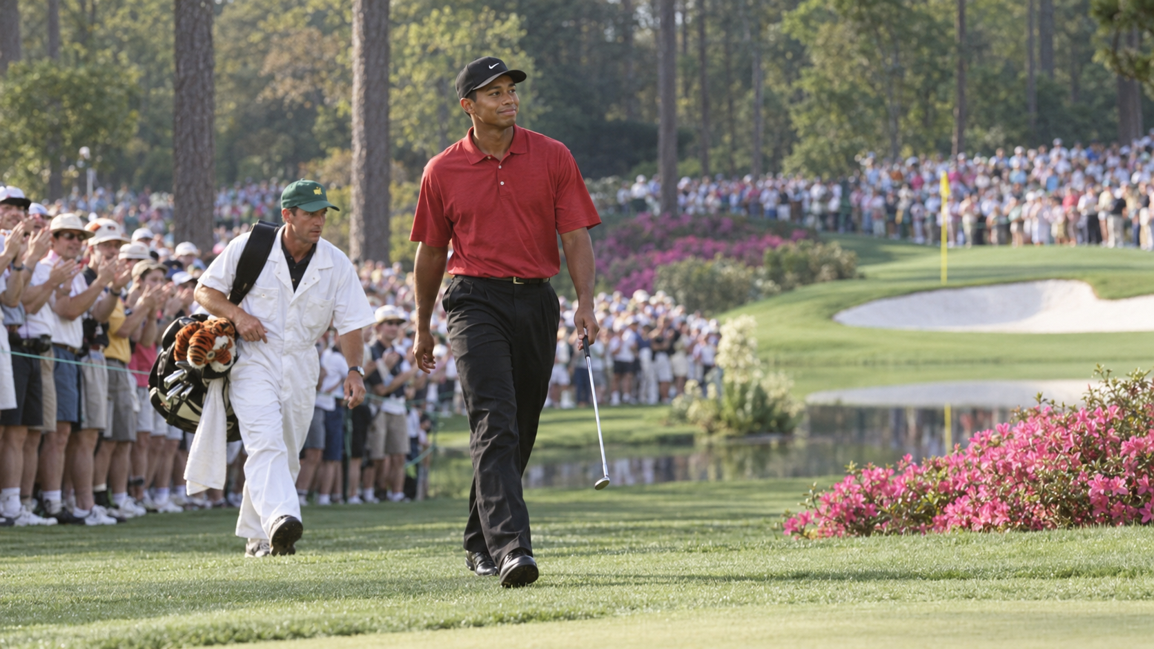 Photorealistic historical reconstruction of Tiger Woods walking to victory at the 1997 Masters.
