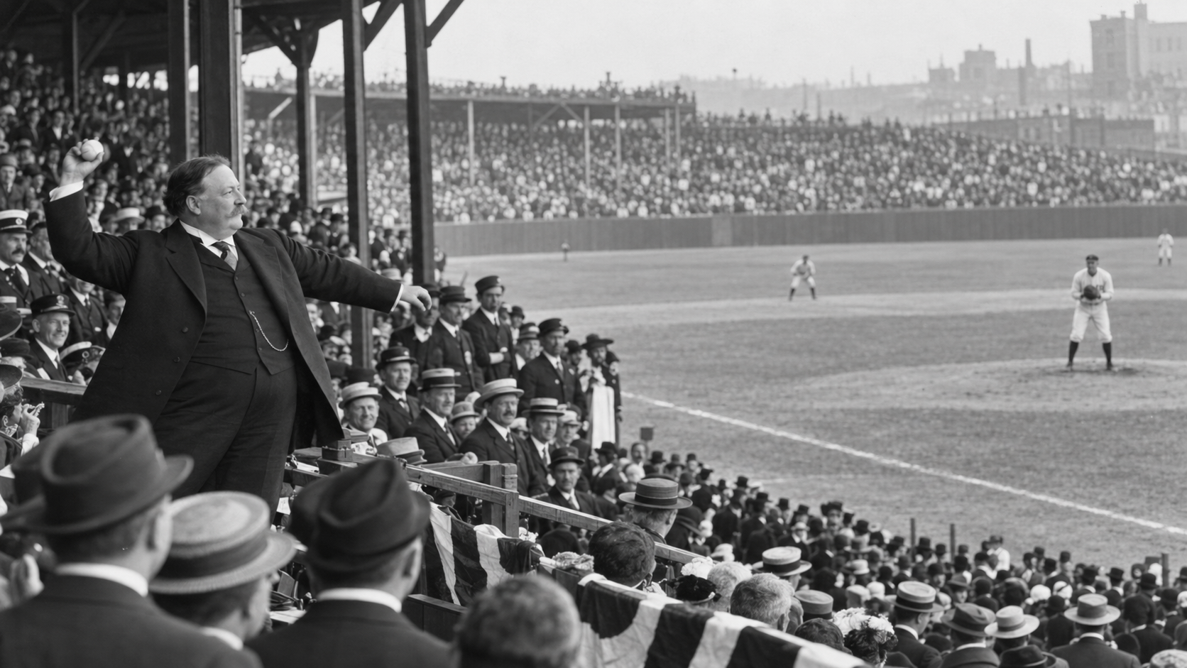 Photorealistic historical reconstruction of President Taft throwing the ceremonial first pitch in 1910.
