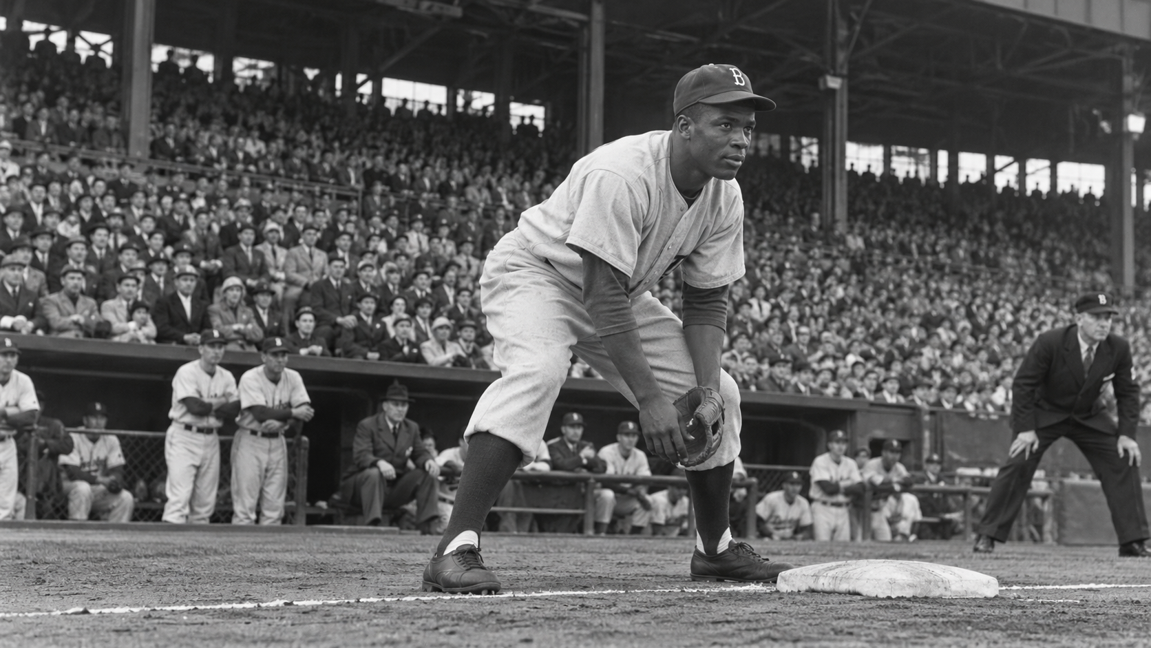 Photorealistic historical reconstruction of Jackie Robinson taking first base in his 1947 major-league debut.