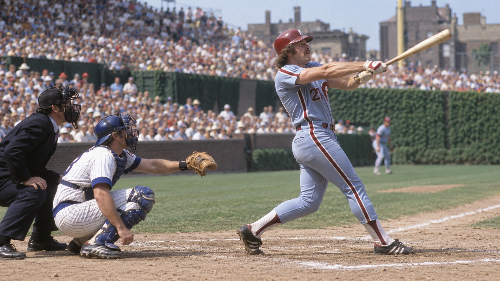 Photorealistic historical reconstruction of Mike Schmidt homering at Wrigley Field during his four-homer game.