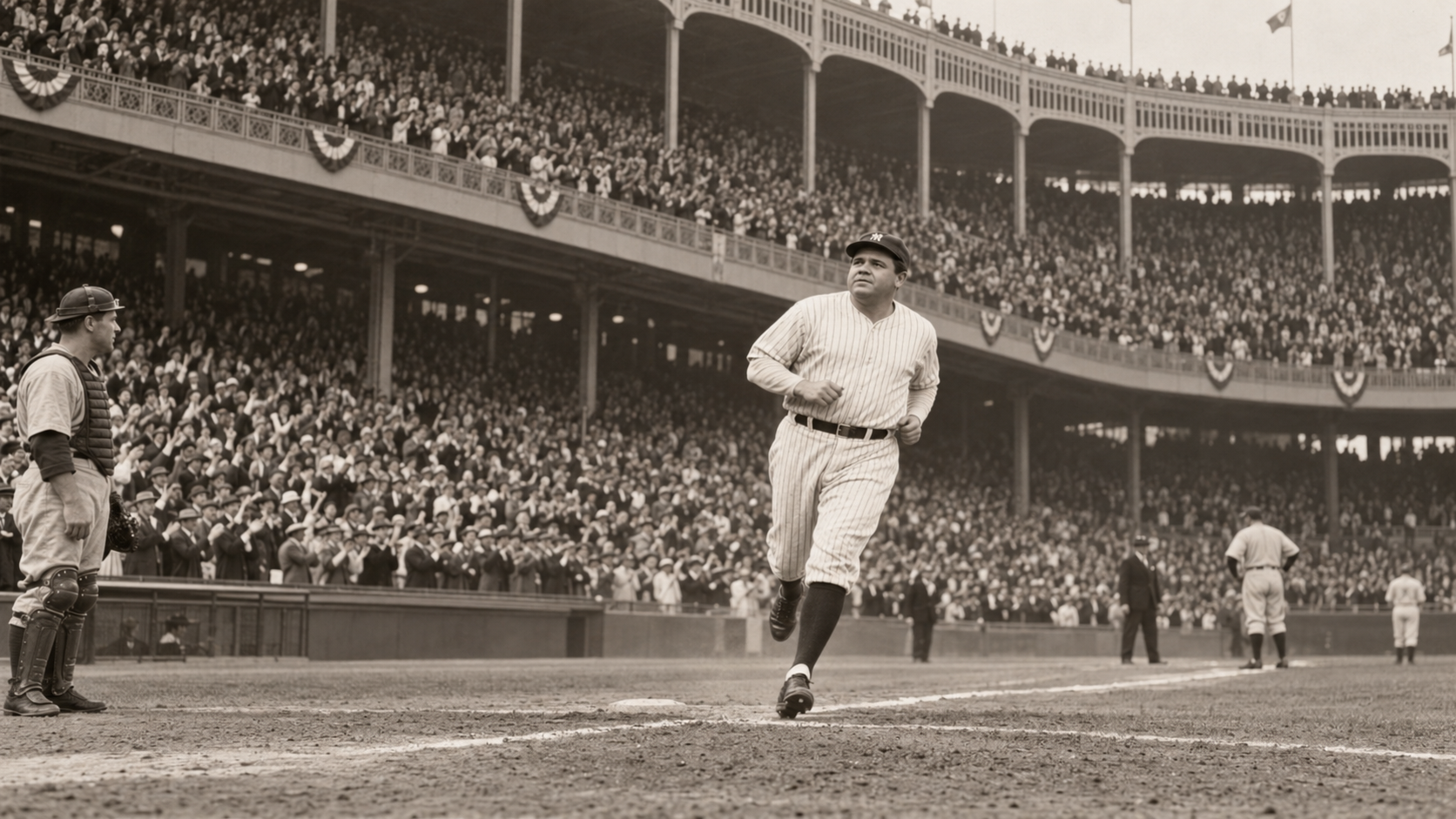 Photorealistic historical reconstruction of Babe Ruth rounding the bases on Yankee Stadium opening day in 1923.