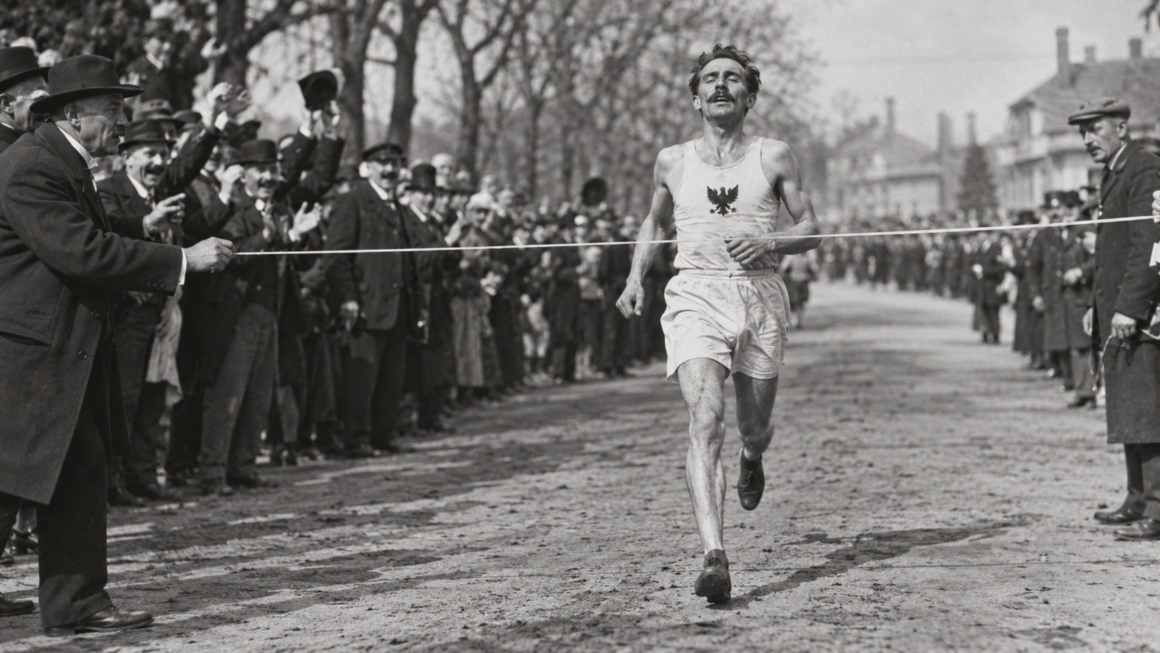 Photorealistic historical reconstruction of John McDermott finishing the first Boston Marathon in 1897.