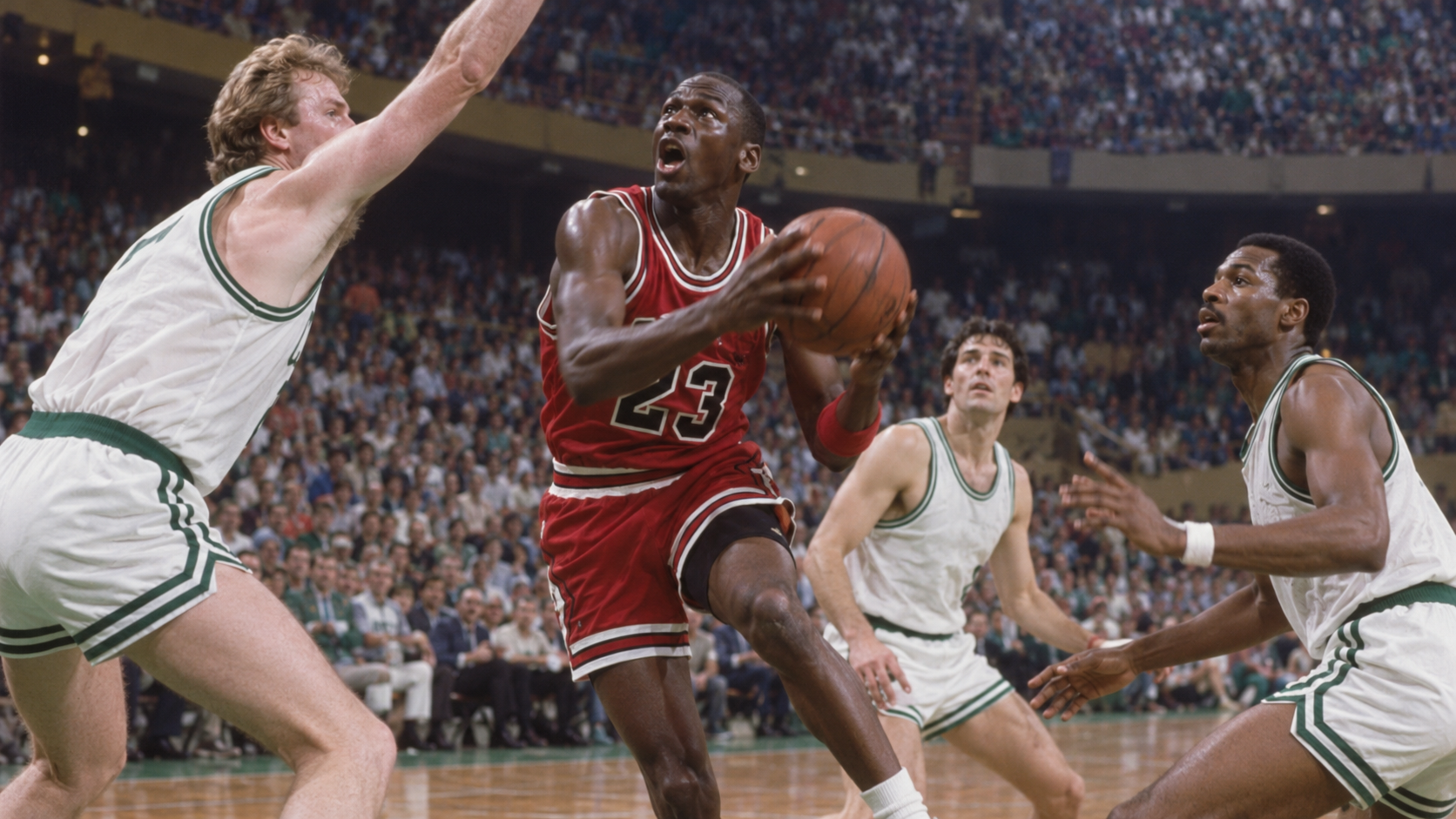 Photorealistic historical reconstruction of Michael Jordan attacking the basket during his 63-point playoff game.