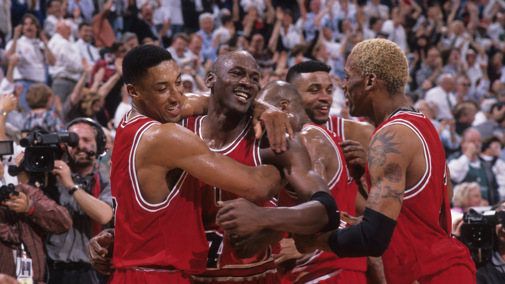 Photorealistic historical reconstruction of Chicago players celebrating their 72-win regular season in 1996.