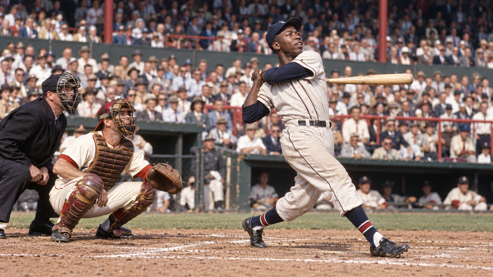 Photorealistic historical reconstruction of Hank Aaron hitting his first major-league home run in 1954.
