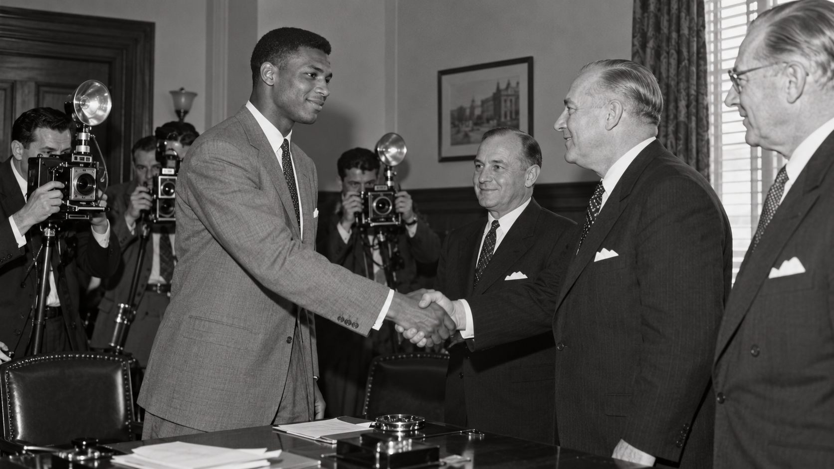 Photorealistic historical reconstruction of Chuck Cooper meeting Boston executives after the 1950 NBA draft.