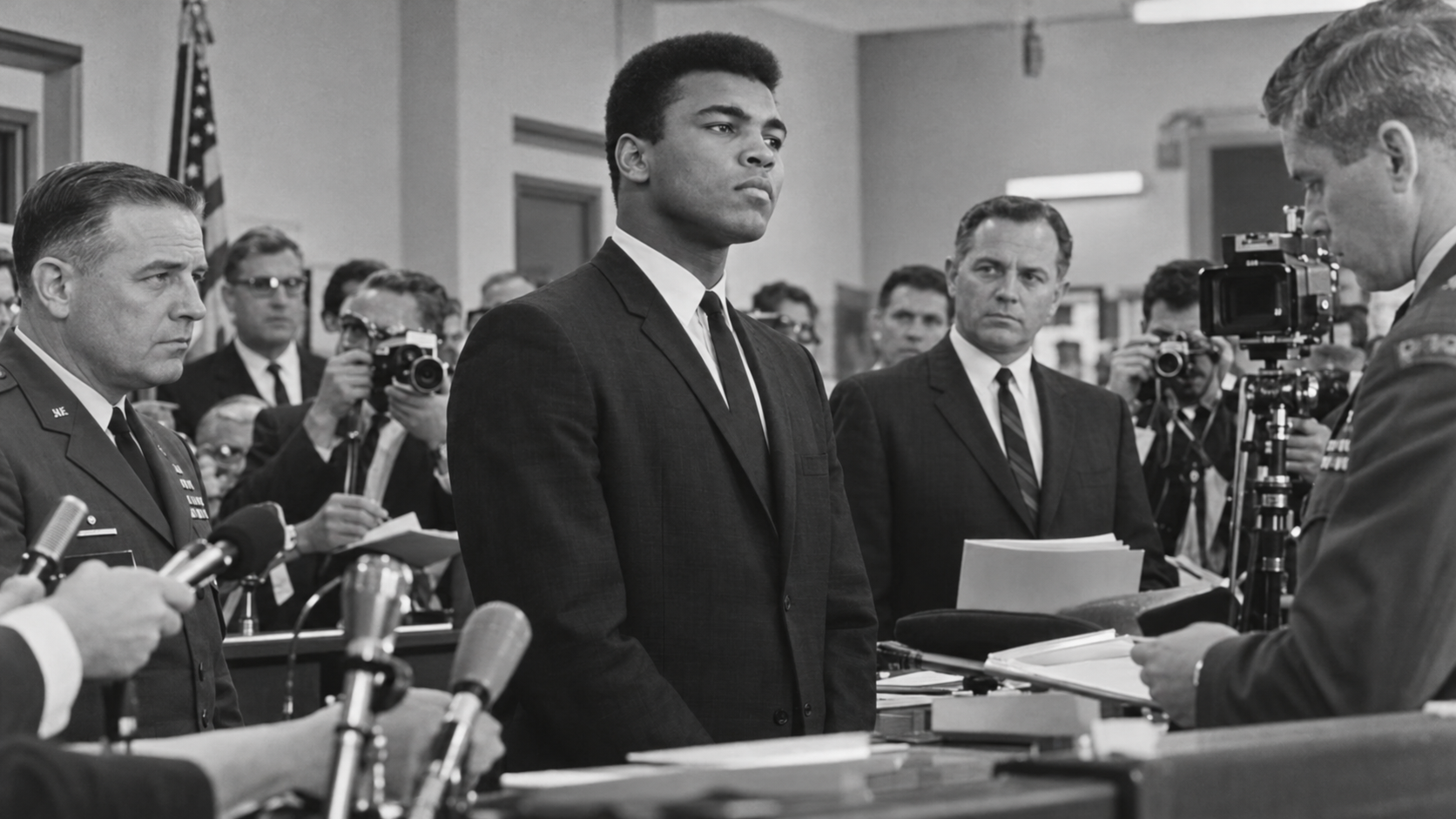 Photorealistic historical reconstruction of Muhammad Ali standing before officials at the 1967 induction center.