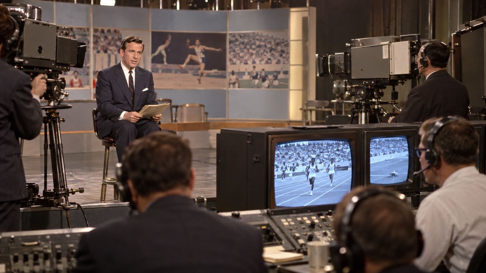 Photorealistic historical reconstruction of Jim McKay hosting a sports television broadcast in 1961.