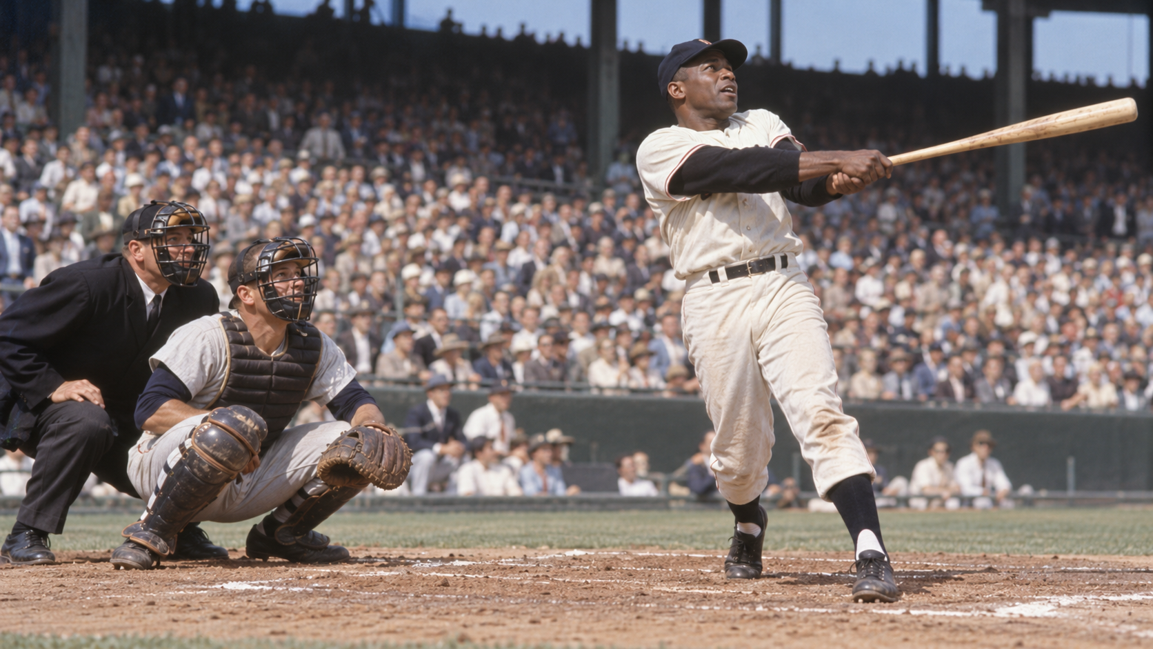 Photorealistic historical reconstruction of Willie Mays homering during his four-home-run game in 1961.