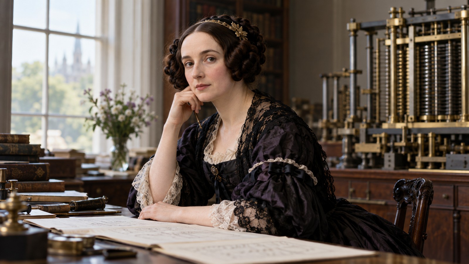 AI-generated realistic editorial portrait of Ada Lovelace in a technology-focused setting