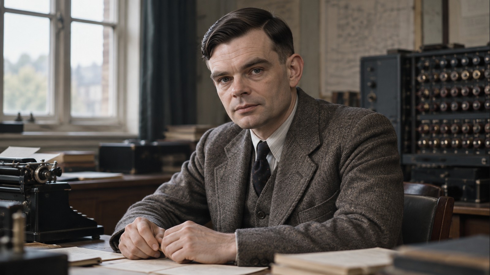 AI-generated realistic editorial portrait of Alan Turing in a technology-focused setting