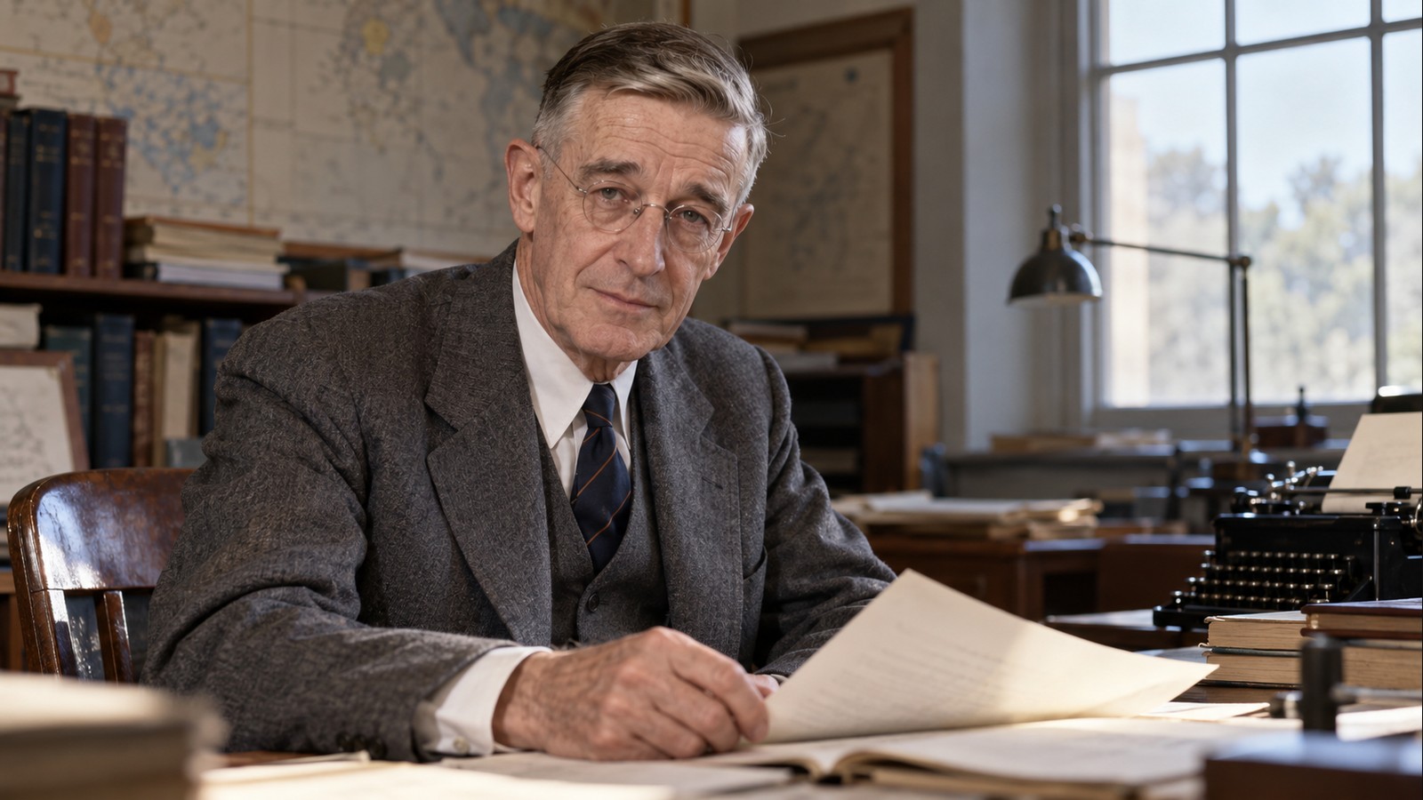 AI-generated realistic editorial portrait of Vannevar Bush in a technology-focused setting