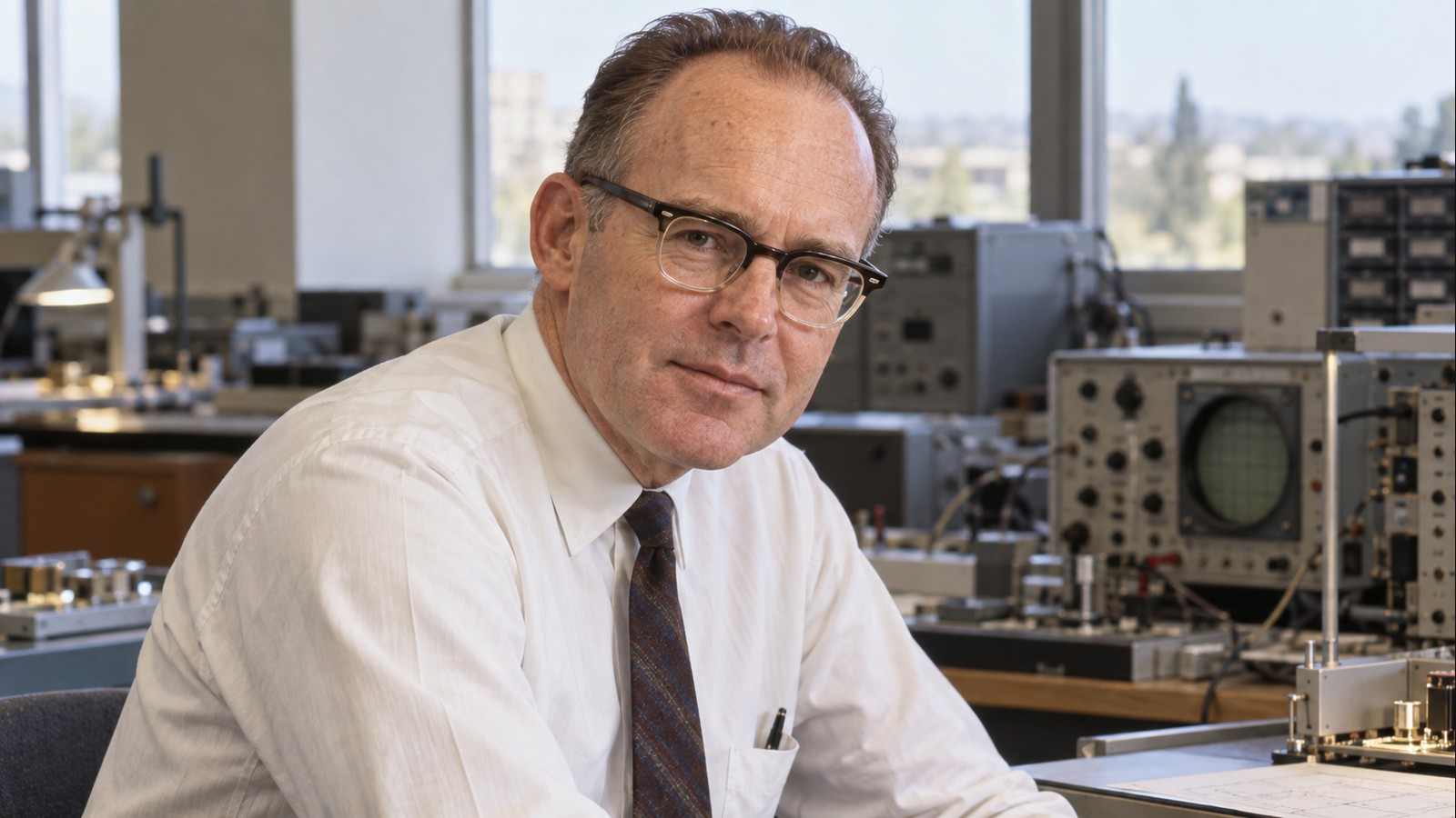 AI-generated realistic editorial portrait of Gordon Moore in a technology-focused setting