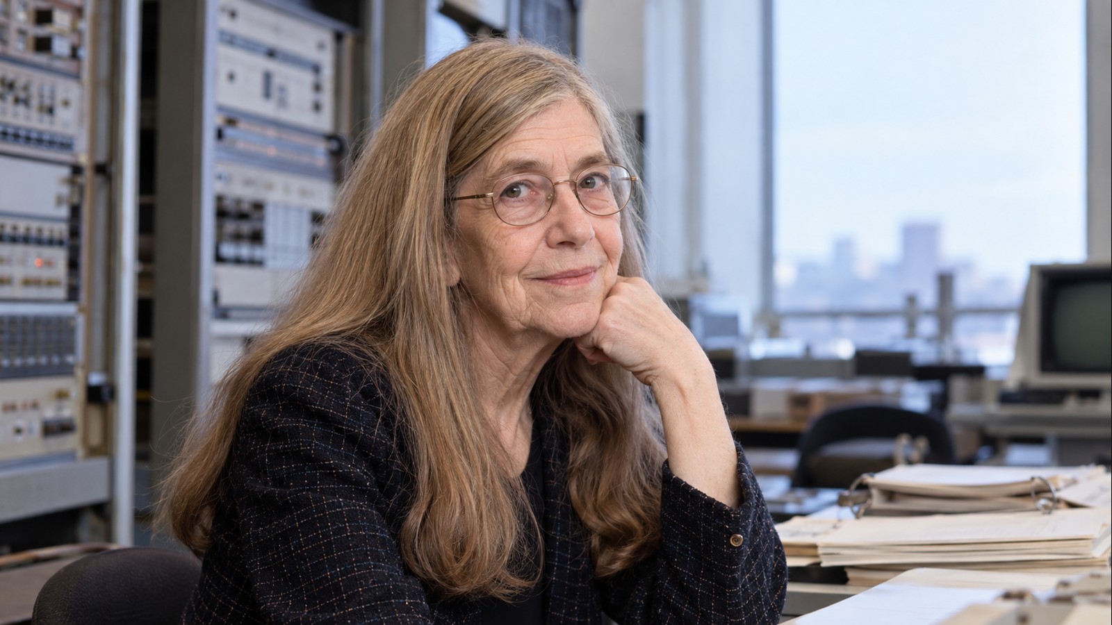 AI-generated realistic editorial portrait of Margaret Hamilton in a technology-focused setting