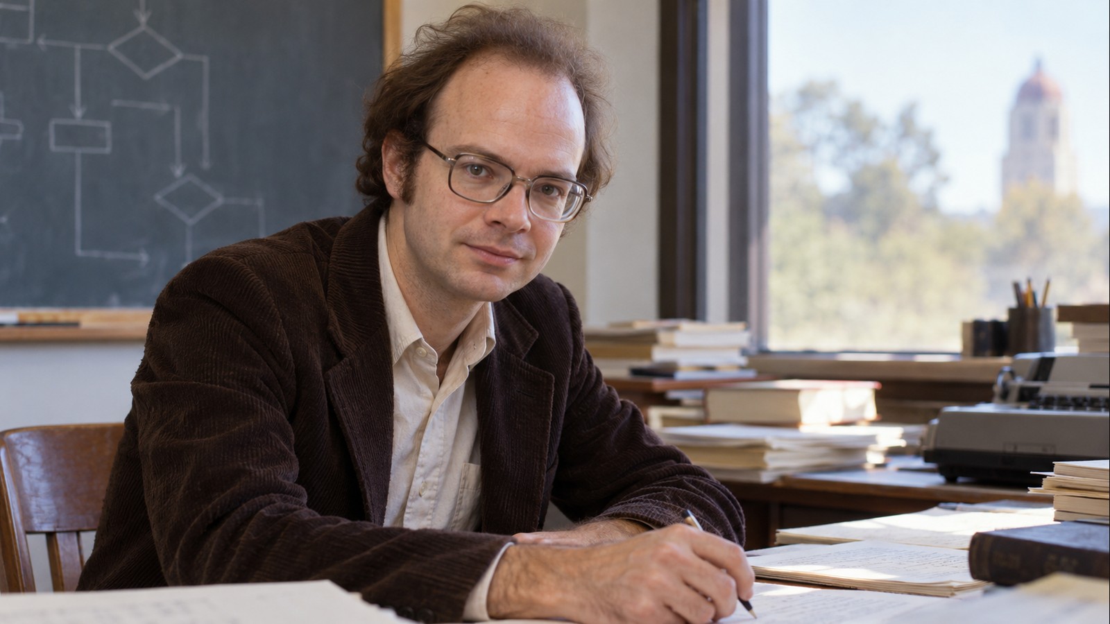 AI-generated realistic editorial portrait of Donald Knuth in a technology-focused setting