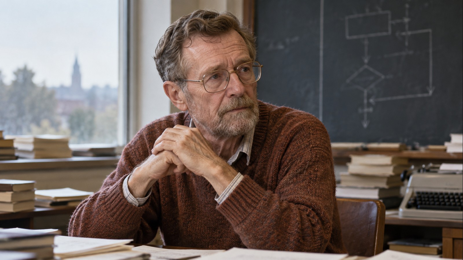 AI-generated realistic editorial portrait of Edsger W. Dijkstra in a technology-focused setting