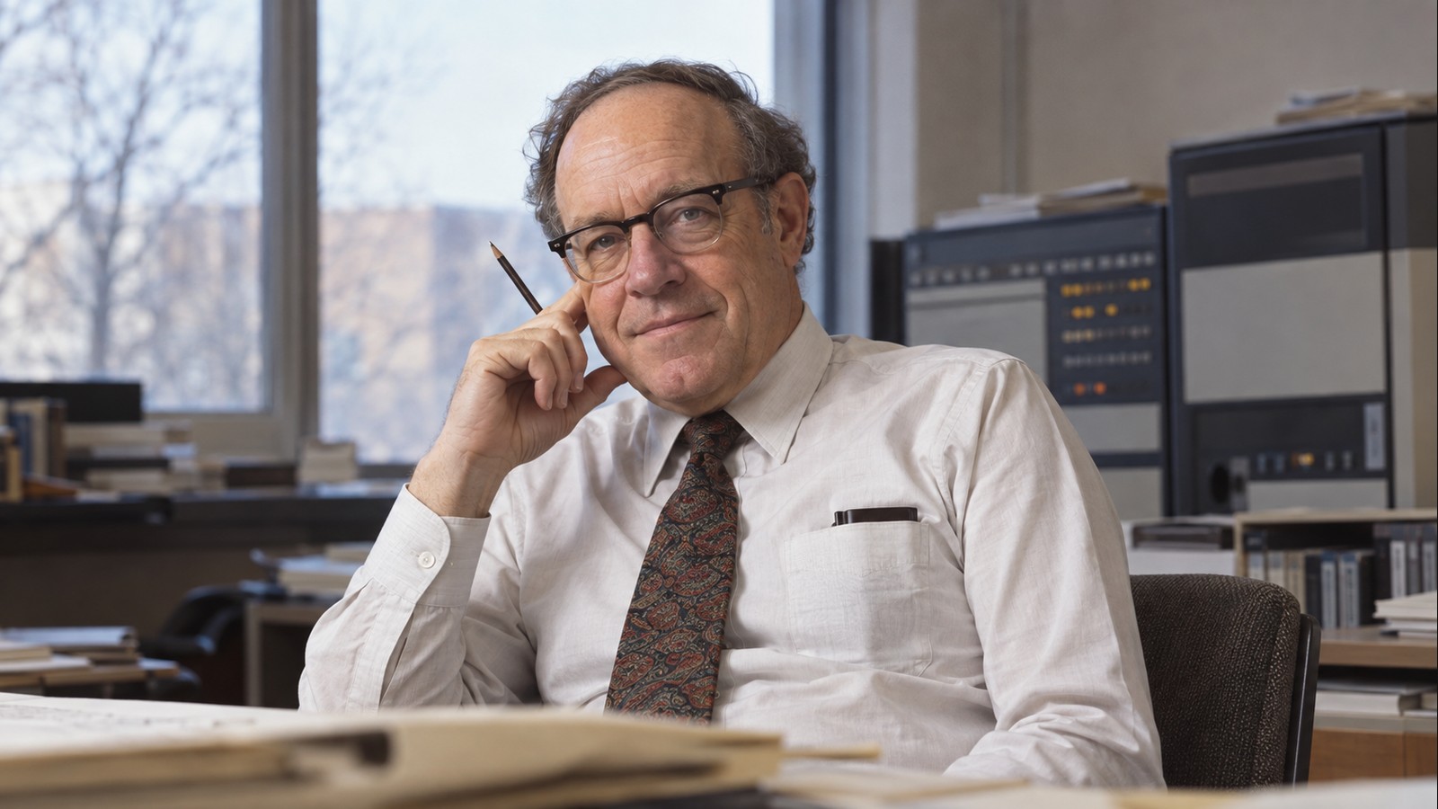 AI-generated realistic editorial portrait of Frederick P. Brooks Jr. in a technology-focused setting