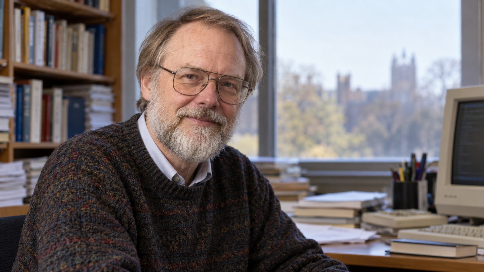 AI-generated realistic editorial portrait of Brian Kernighan in a technology-focused setting