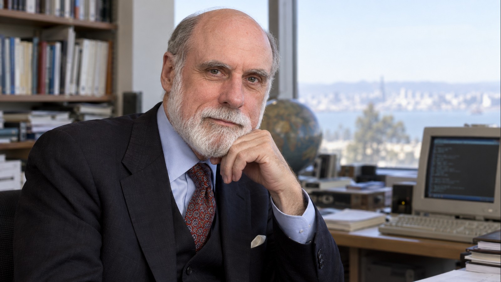 AI-generated realistic editorial portrait of Vint Cerf in a technology-focused setting