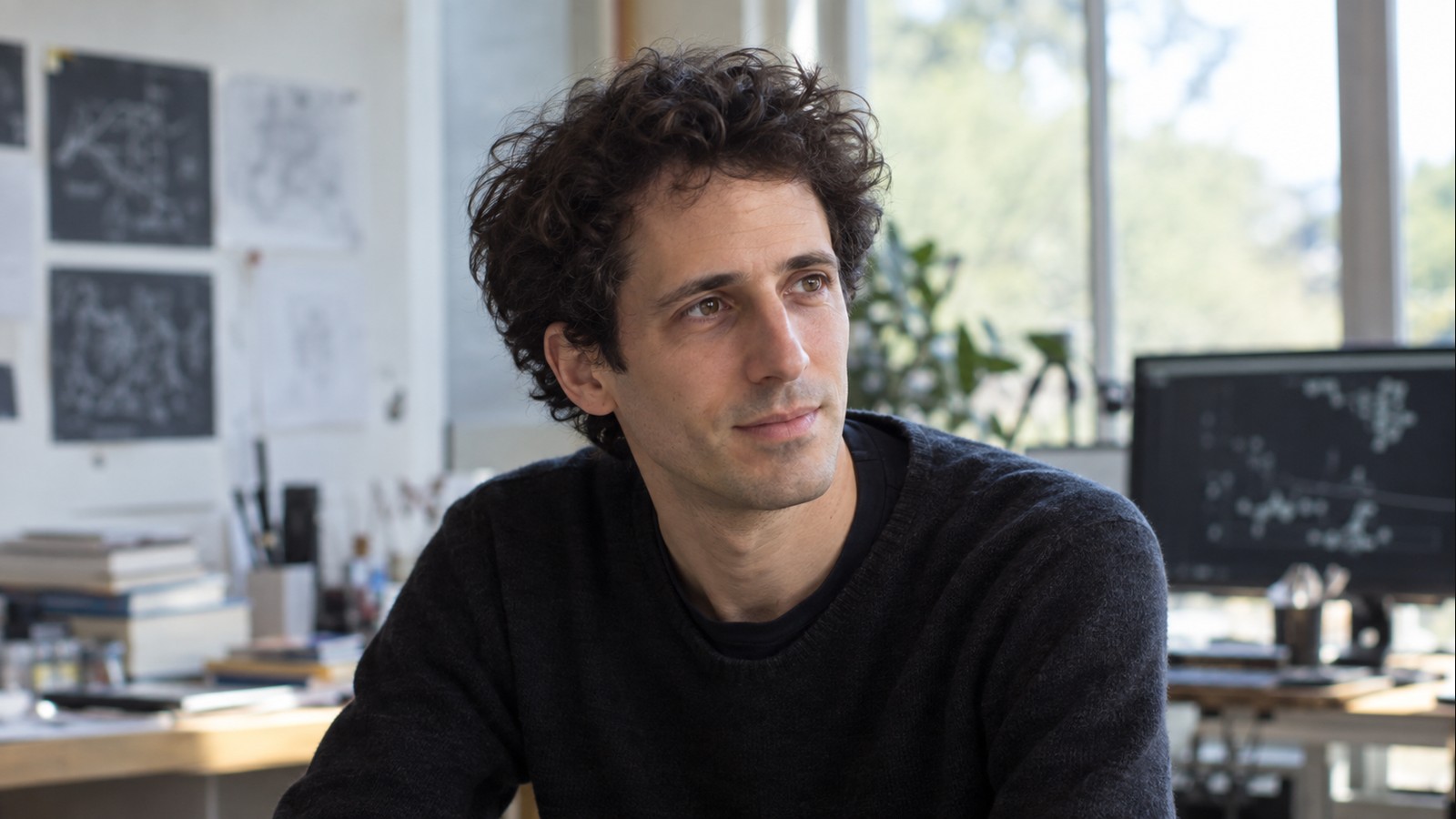 AI-generated realistic editorial portrait of Bret Victor in a technology-focused setting