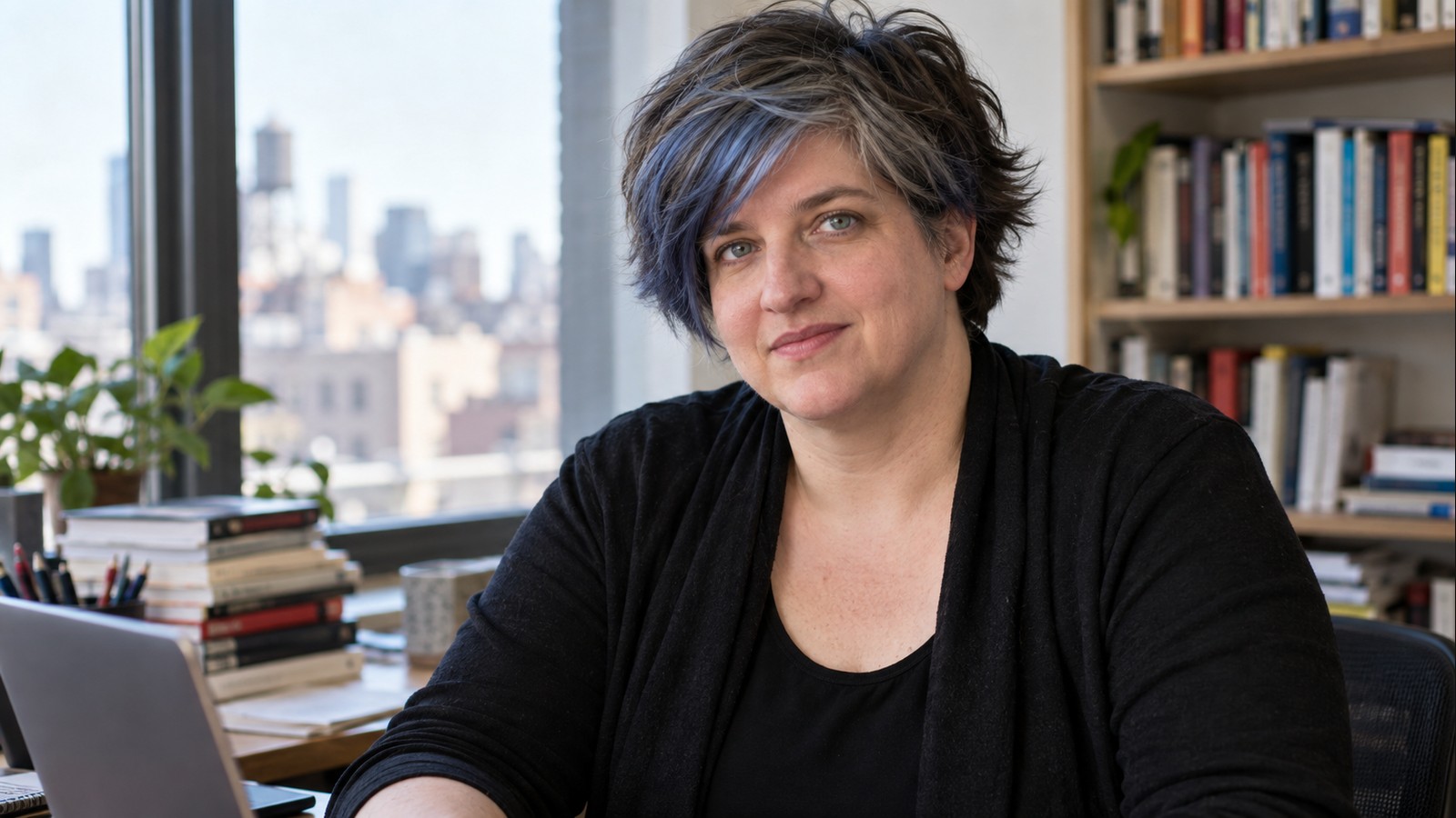 AI-generated realistic editorial portrait of Cathy O'Neil in a technology-focused setting