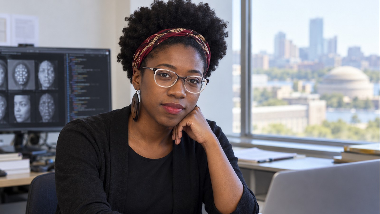 AI-generated realistic editorial portrait of Joy Buolamwini in a technology-focused setting