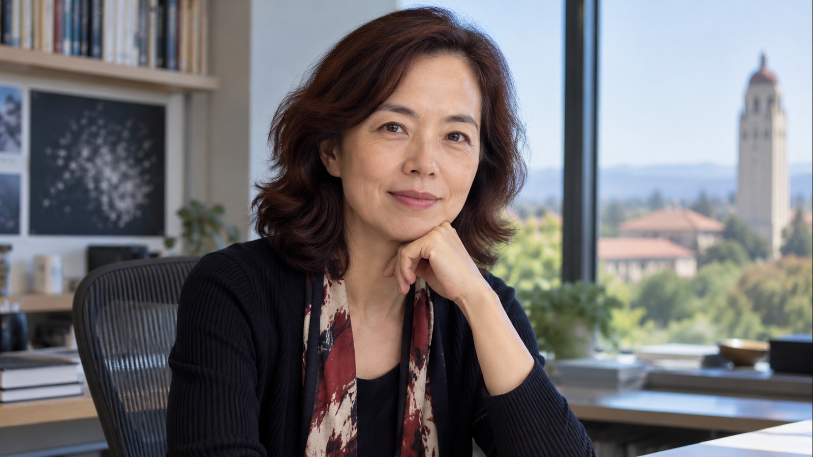 AI-generated realistic editorial portrait of Fei-Fei Li in a technology-focused setting