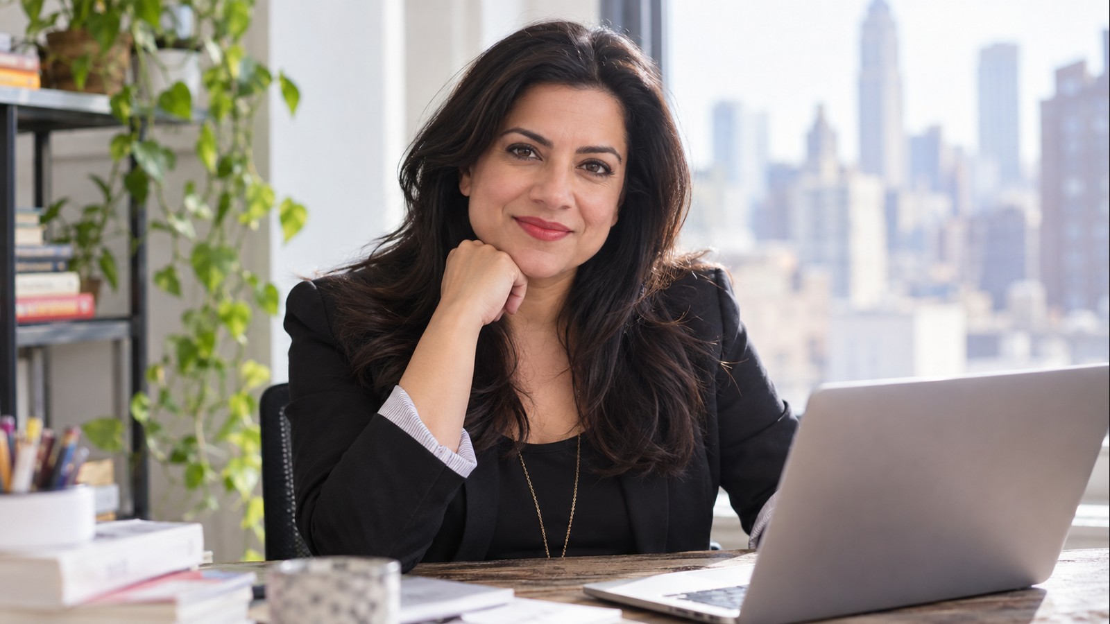 AI-generated realistic editorial portrait of Reshma Saujani in a technology-focused setting