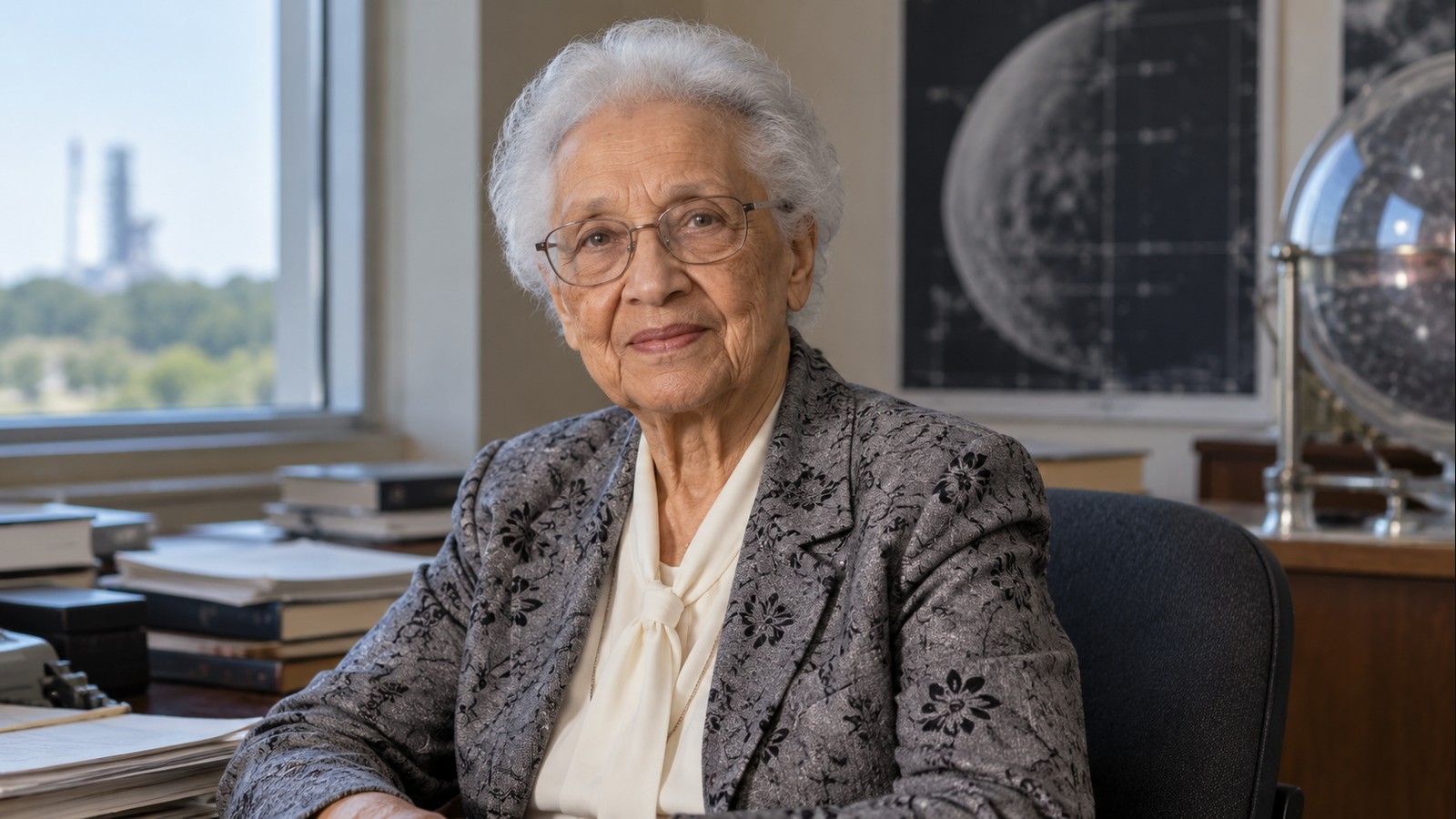 AI-generated realistic editorial portrait of Katherine Johnson in a technology-focused setting