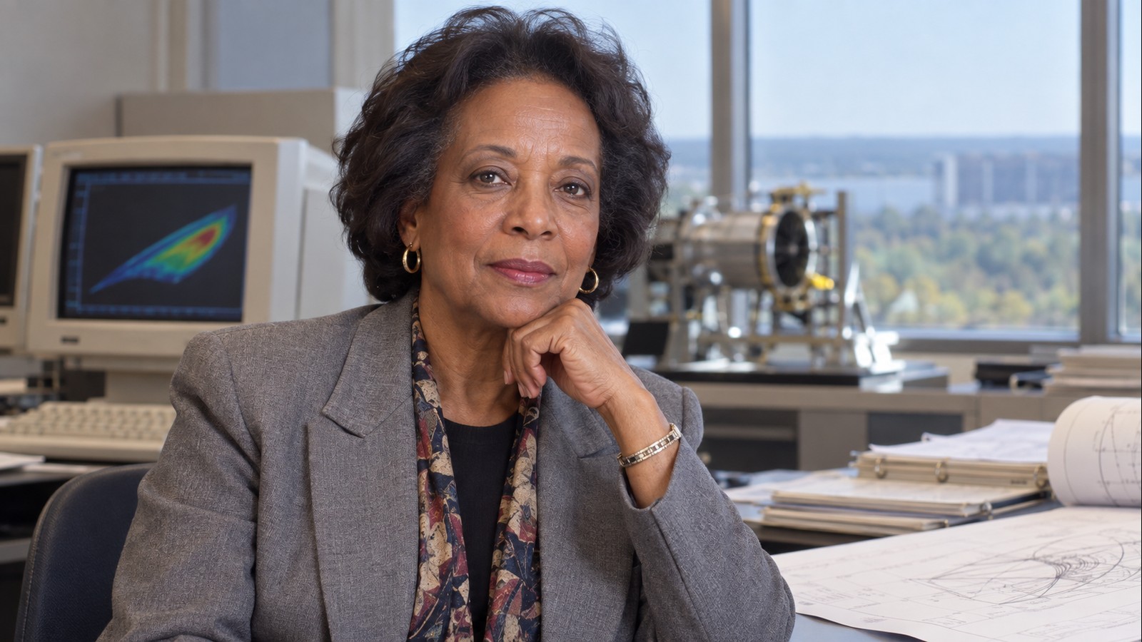 AI-generated realistic editorial portrait of Annie Easley in a technology-focused setting