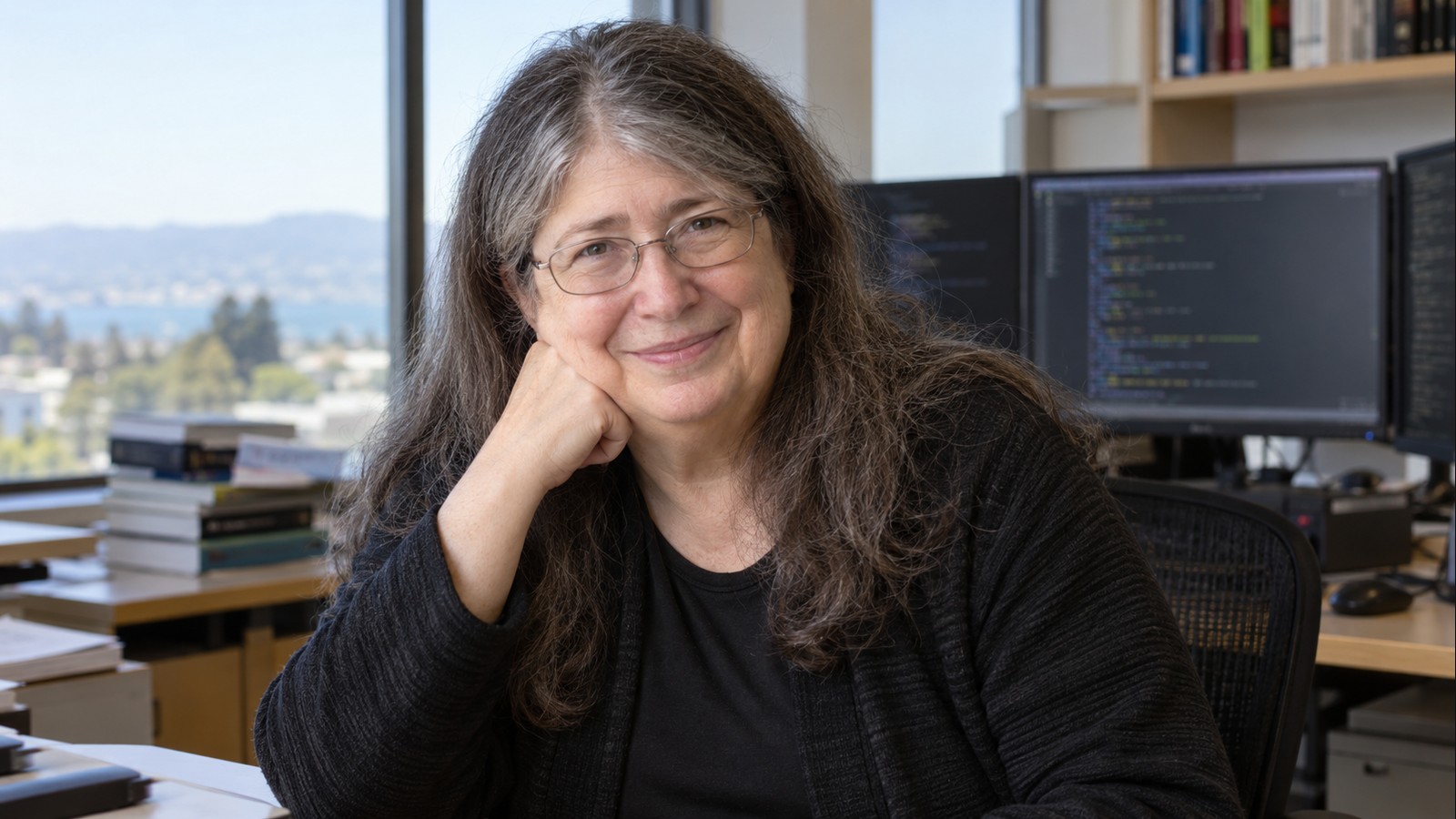 AI-generated realistic editorial portrait of Radia Perlman in a technology-focused setting