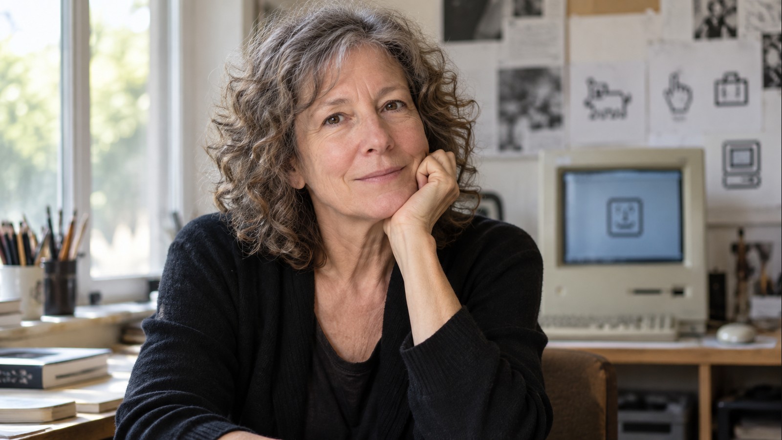 AI-generated realistic editorial portrait of Susan Kare in a technology-focused setting