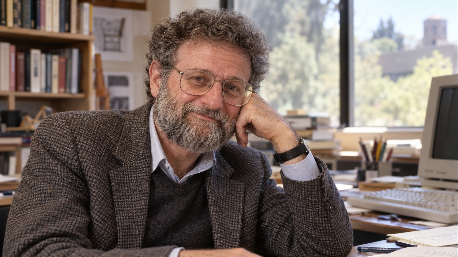 AI-generated realistic editorial portrait of Don Norman in a technology-focused setting