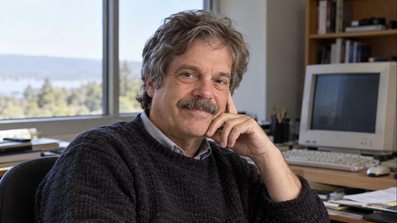 AI-generated realistic editorial portrait of Alan Kay in a technology-focused setting