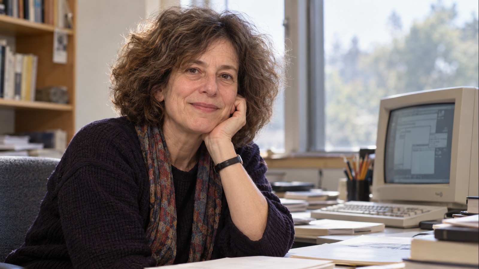 AI-generated realistic editorial portrait of Adele Goldberg in a technology-focused setting