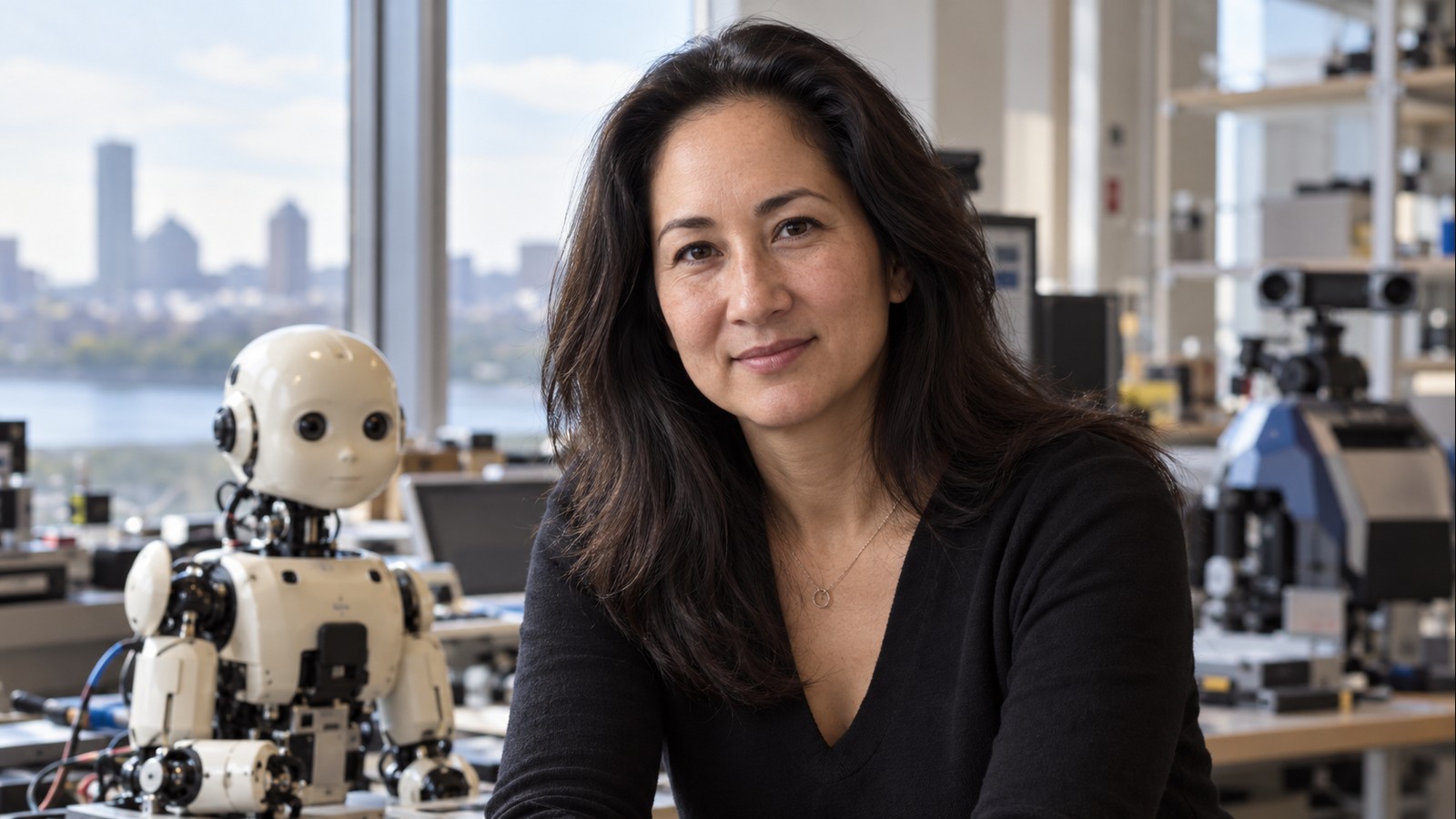 AI-generated realistic editorial portrait of Cynthia Breazeal in a technology-focused setting