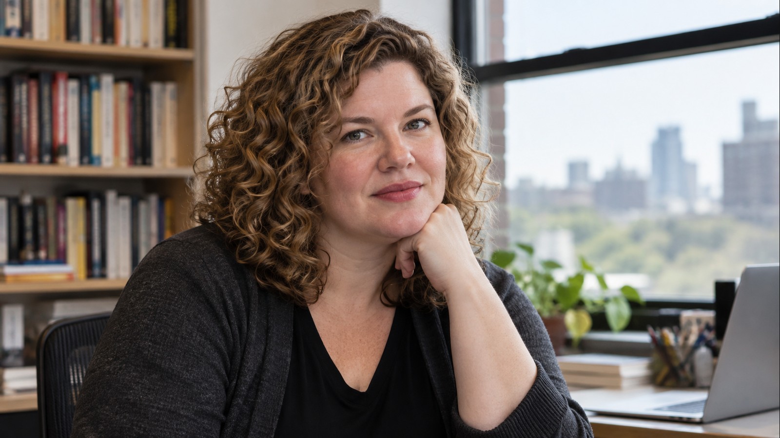 AI-generated realistic editorial portrait of Meredith Broussard in a technology-focused setting