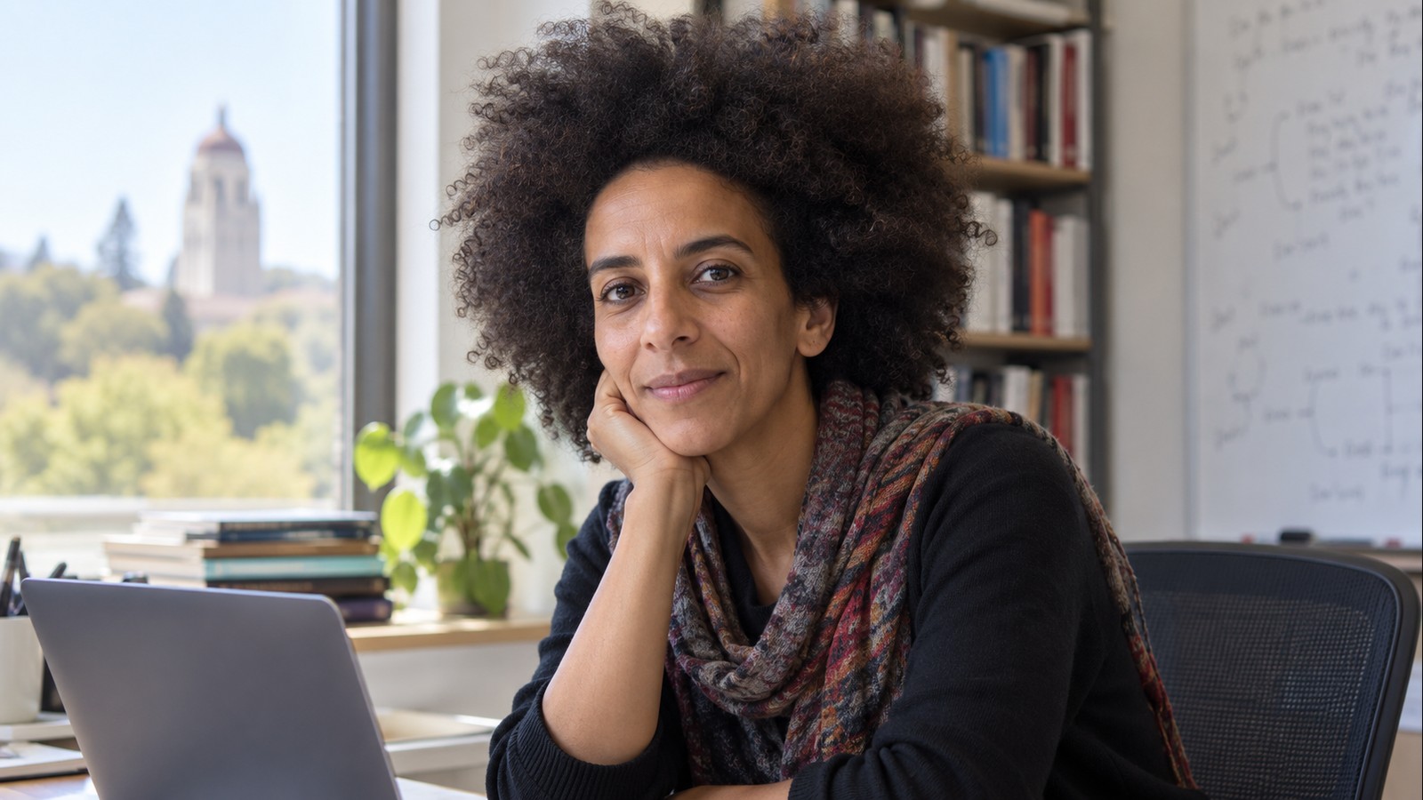 AI-generated realistic editorial portrait of Timnit Gebru in a technology-focused setting
