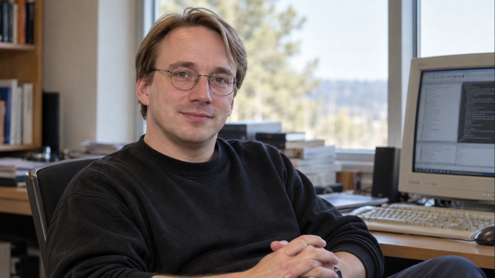 AI-generated realistic editorial portrait of Linus Torvalds in a technology-focused setting
