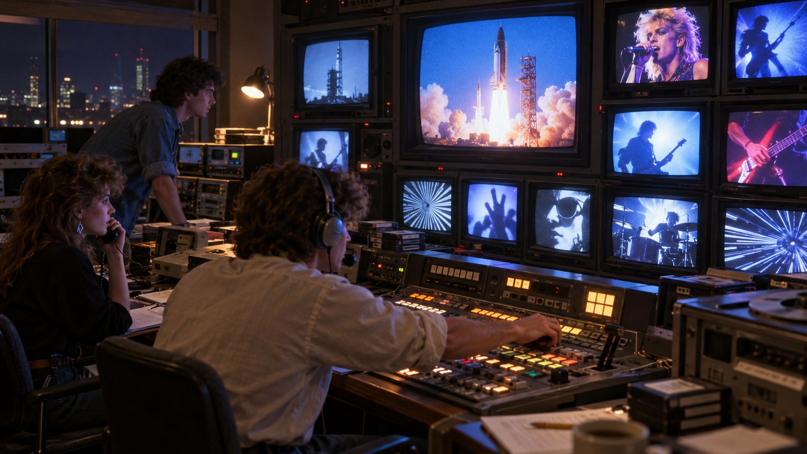 AI reconstruction of a 1981 cable control room as a new music television channel goes on air