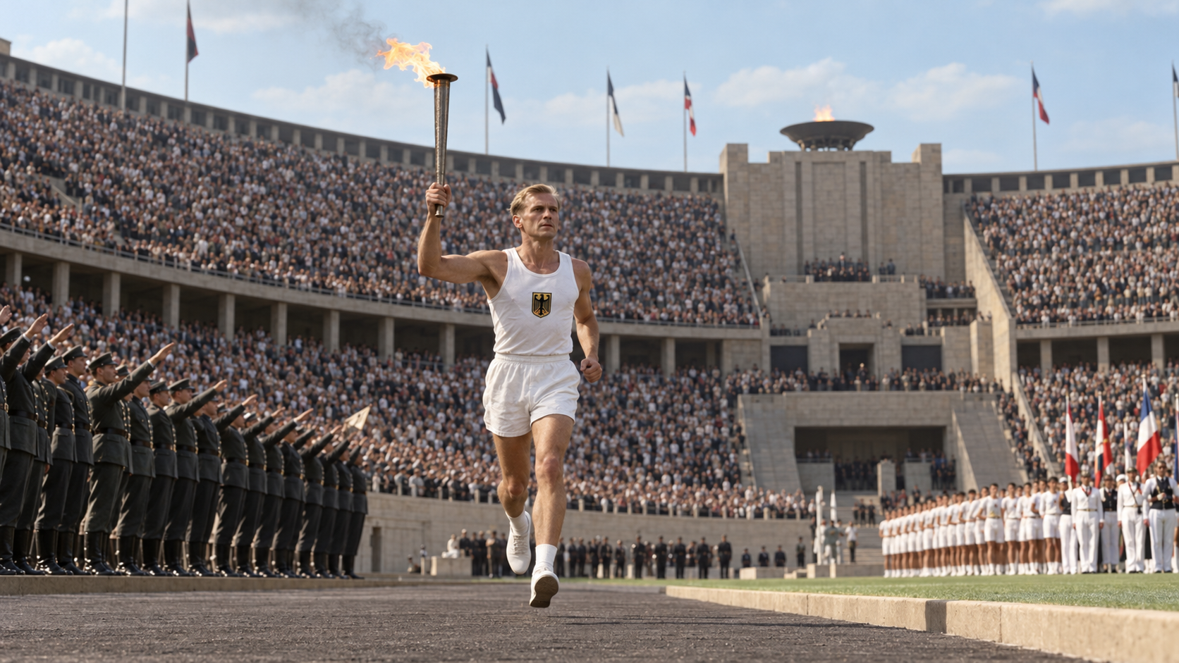 Photorealistic historical reconstruction of Fritz Schilgen carrying the Olympic flame into Berlin Stadium in 1936.