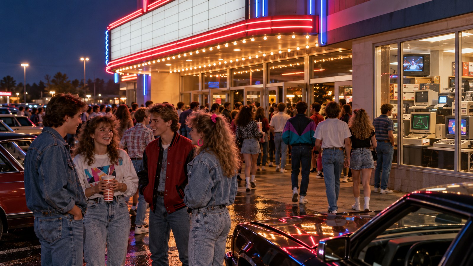 AI reconstruction of teenagers entering a neon-lit suburban cinema for Weird Science in 1985