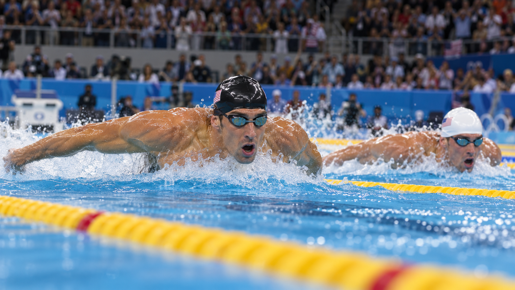 Photorealistic reconstruction of Michael Phelps racing the 200-meter individual medley final in London in 2012.